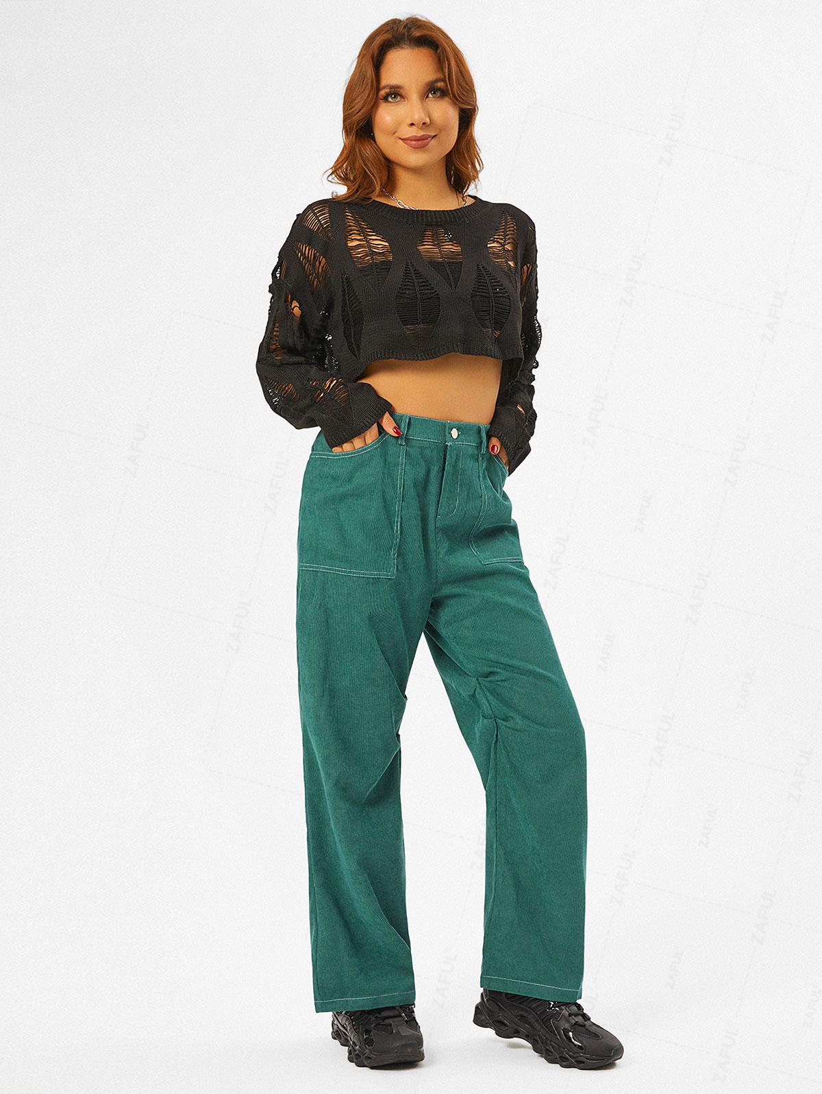 

ZAFUL Corduroy Pocket Wide Leg Pants S глубокий/зелёный