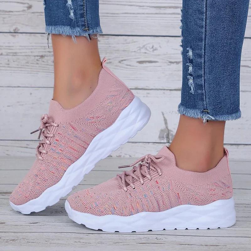Fashion Mixed Color Knitted Platform Sneakers Women Spring Summer Casual Thick Sole Sports Shoes Woman Lace Up Non Slip Walking Shoes