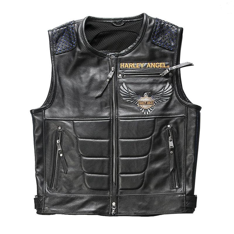 Abs Block Harley Vest Summer Rock Leather Locomotive Vest Men's Soaring Embroidered Eagle Cowhide Vest