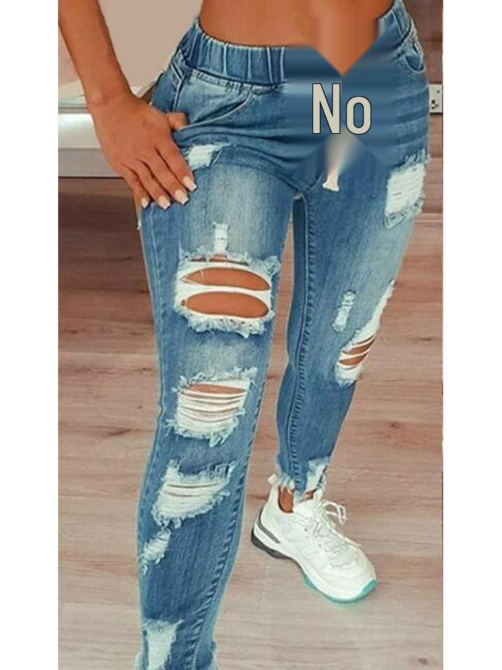 

High Waist Ripped Elastic Waist Women s Skinny Jeans with Tie-Up Ankles L світло-синій колір