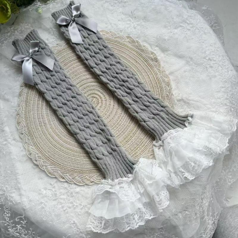 Cable Knit Leg Warmers Boot Cuffs with Bowknot Decorated Sweet Tiered Ruffled Lace Trim Leg Covers Calf Socks for Women