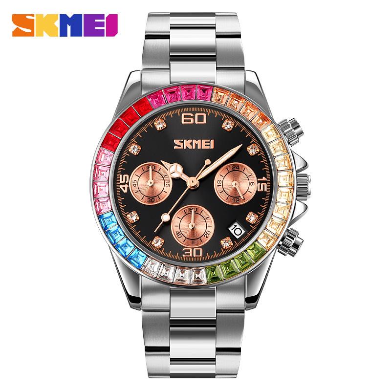 

Skmei Часы для женщин Радужный драгоценный камень безель Бизнес Люкс Топ Бренд Кварцевые часы Водонепроницаемые спортивные часы чёрный/серебряный