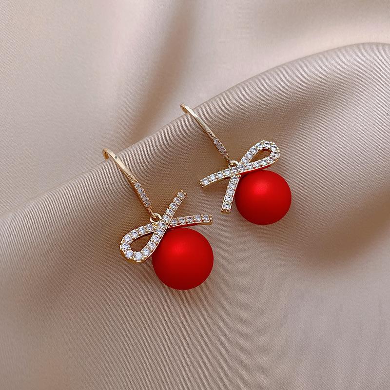 

New Fashion Crystal Bow Knot Dangle Earrings For Women Red Pearl Heart Zircon Earring Christmas New Year Festival Zircon Gifts