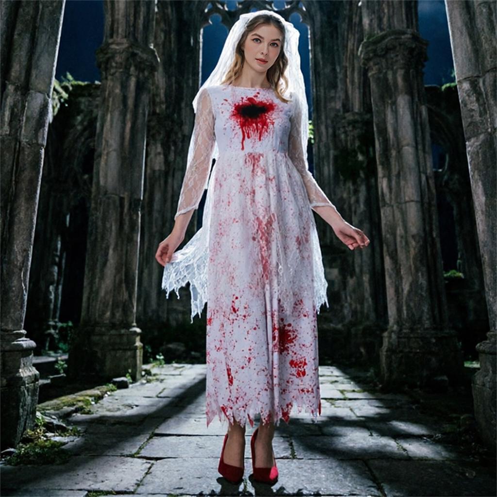 Long Sleeve Lace Dress with Blood Stain Print and for Adult Scary Party Cosplay Halloween Costumes Bride Outfit for Women Halloween Costumes