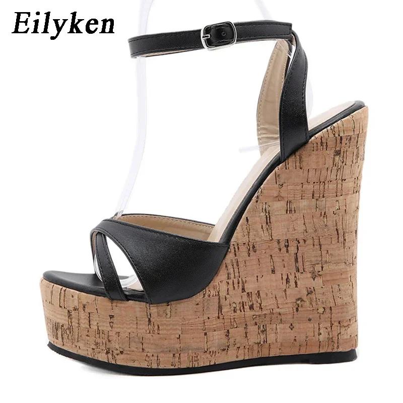 Eilyken New Ankle Buckle Strap Platform Wedge Women Sandals Open Toe Party Dress Thick High Heels Ladies Shoes