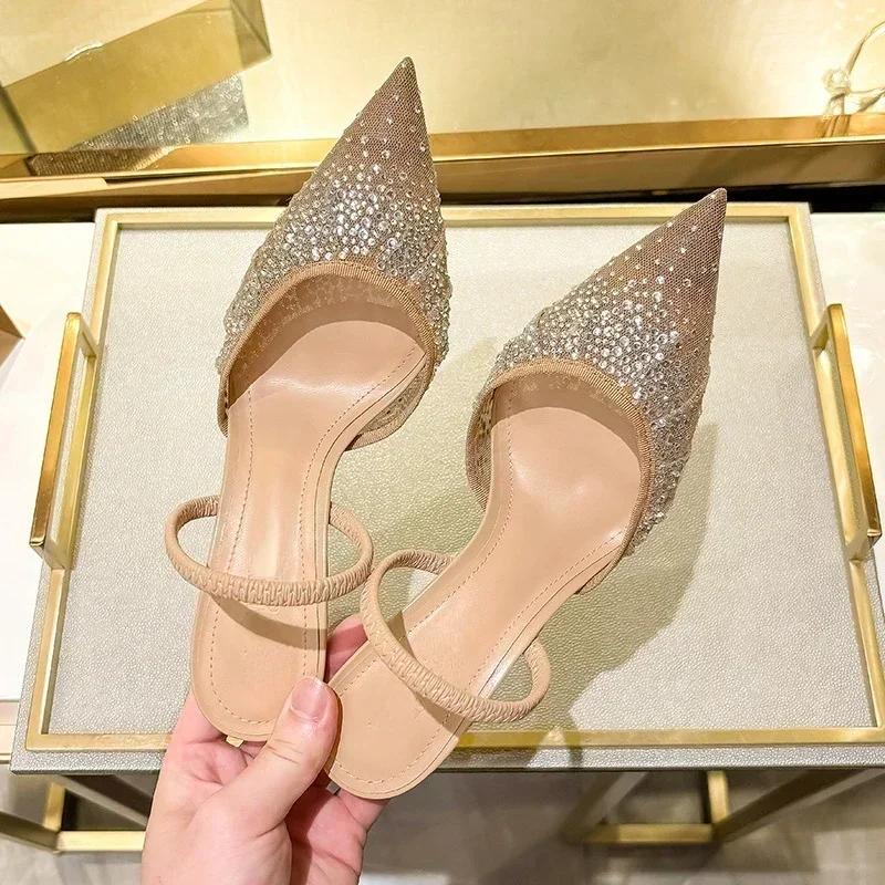 Fashion Summer Shiny Rhinestone Mesh Heeled Sandals Women Luxury Women Pumps Sexy Pointed Toe Slingbacks High Heels Elegant Dress Shoe