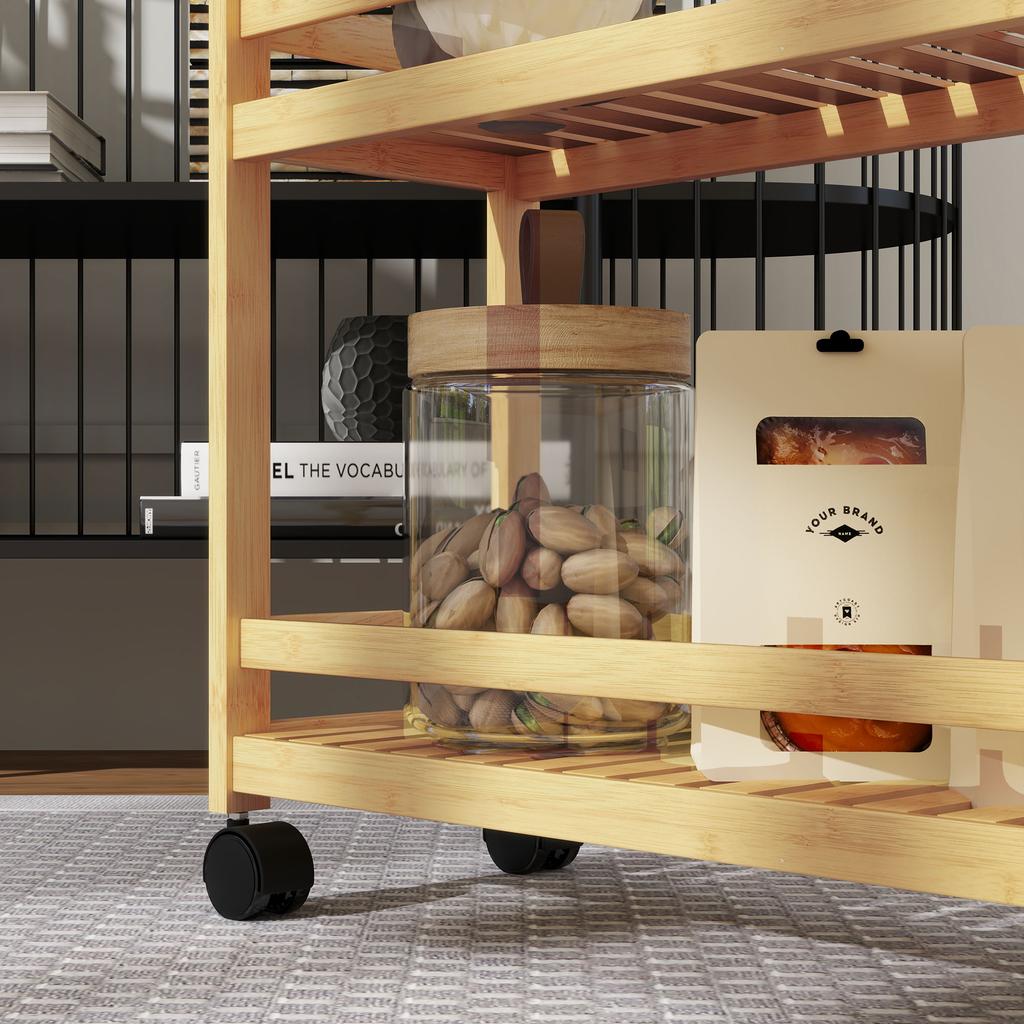 Serving Cart, 3 Tiers, Slatted Shelves, Fall Protection, Bamboo, 55 x 20 x 75 cm