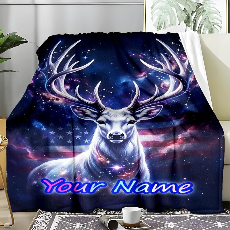 1PC Custom Name Deer American Flag Background flannel blanket versatile,all-season throw suitable for the living room,bedroom,camping,travel,and gift