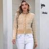 Checkered Knitted Cardigan for Women's Elegance, Pearl Buckle Fashionable Sweater for Women