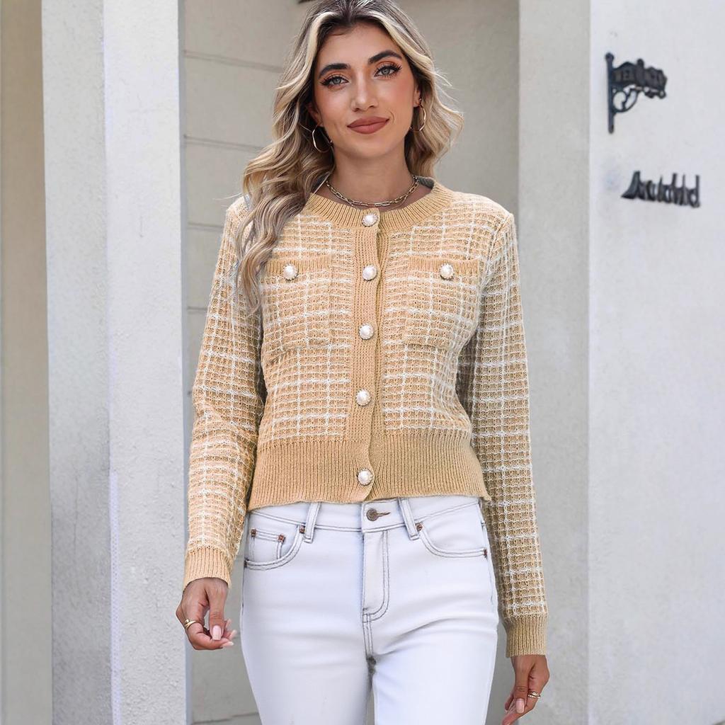 Checkered Knitted Cardigan for Women's Elegance, Pearl Buckle Fashionable Sweater for Women