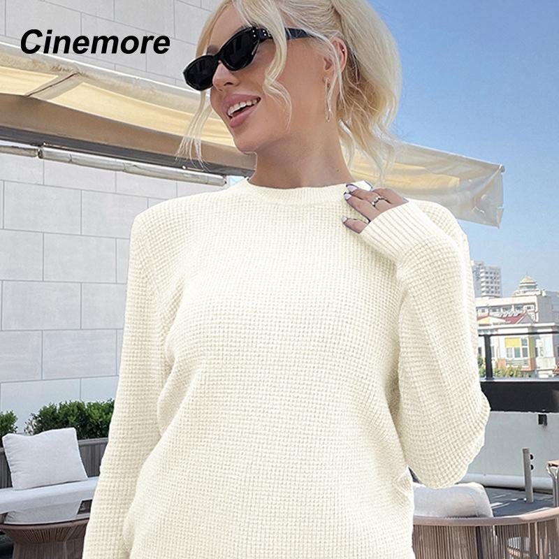 Cinemore Wiosna Jesień Damski Sweter Jednolity Oversize Casualowe Pulowery Ciepły Podstawowy Top z Długim Rękawem Okrągły Dekolt Dzianinowy Sweter Sweter