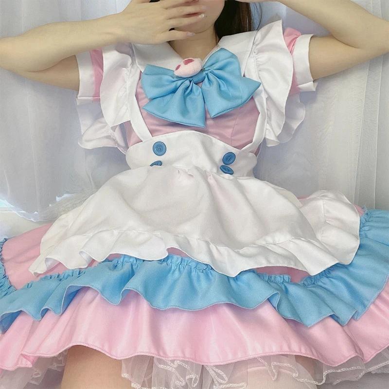 Υψηλής Ποιότητας Φόρεμα Lolita Χαριτωμένο Ροζ Βολάν Στολή Καμαριέρας Kawaii Φιόγκος Πόδι Γάτας Ιαπωνίδα JK Κοστούμια Cosplay S-5XL Καθημερινό