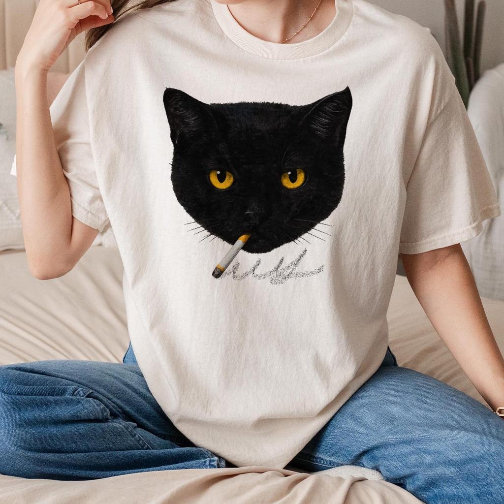 T-shirt Gatto che Fuma Y2k, Maglietta Vintage Gatto Nero per Uomo Donna, T-shirt Grunge Anni '90 Retrò Edgy, Maglietta Estetica, Maglietta Grafica Gatti