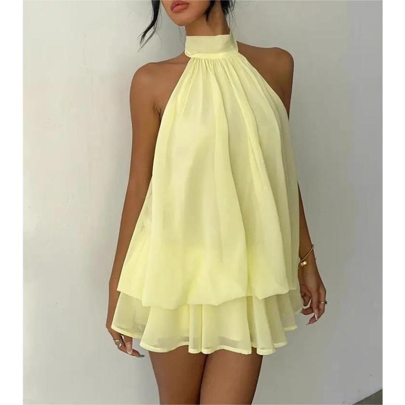 Women s Summer Fitted and Sexy Backless Strapless Fitted Top with A Waistband, Short Puff Skirt, and Full-length Dress. S жёлтый