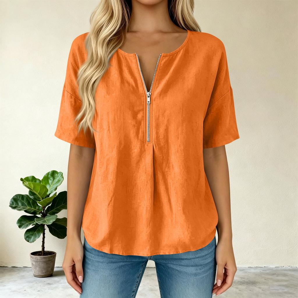 Women’s Fashion Solid Pullover Top with Round Zip Neck Relaxed Fit Short Sleeve Blouse for Casual and Daily Wear