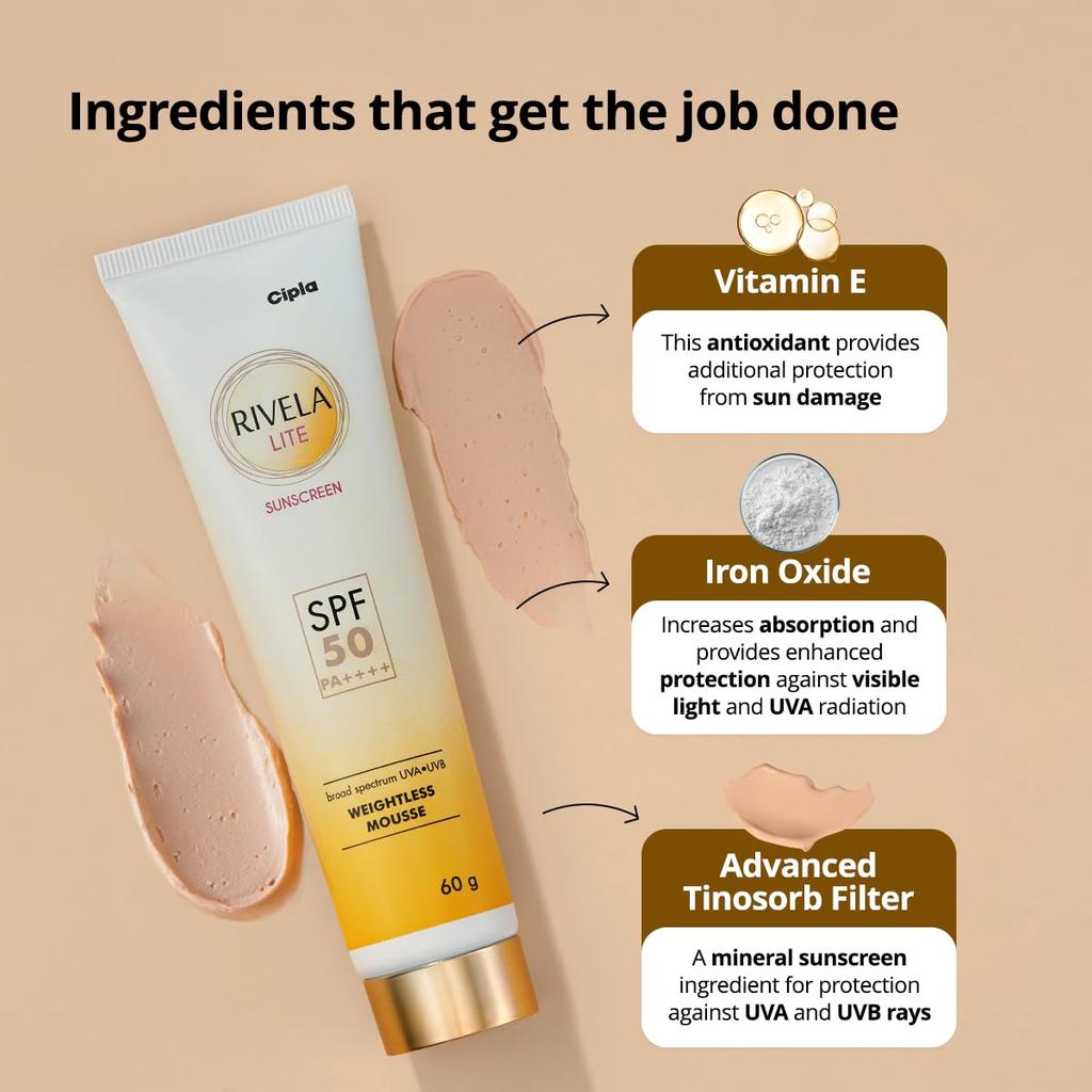 Cipla Rivela Lite Sunscreen SPF 50 Cream 60g Pack of 1 Broad Spectrum UVA UVB Protection