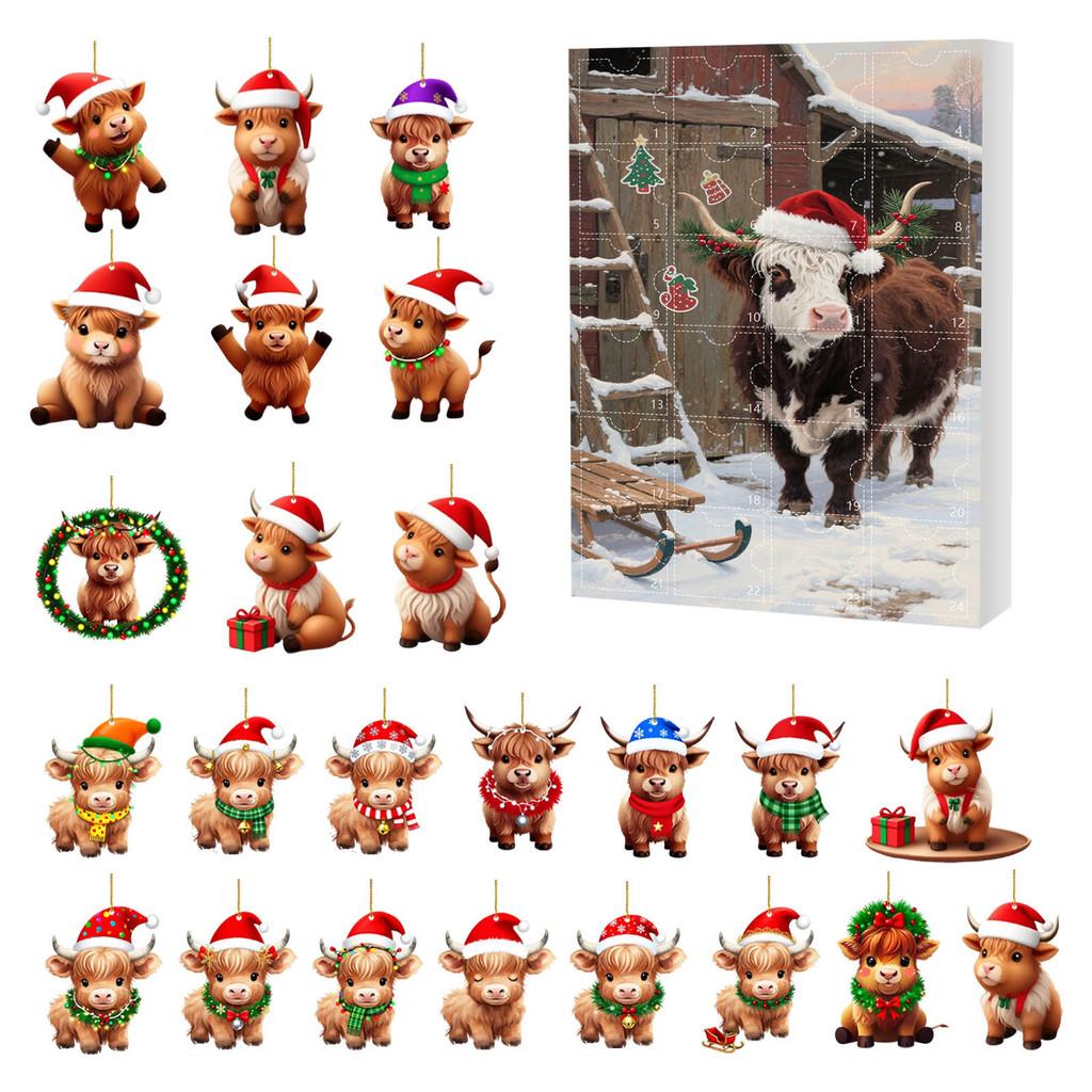 Christmas 24day Advent Calendar With Acrylic Cow Ornament For Holiday Gift Giving