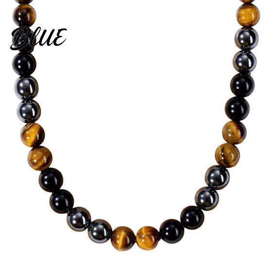 Collana di Perle Occhio di Tigre Perle di Pietra per Uomo Ossidiana Gialla