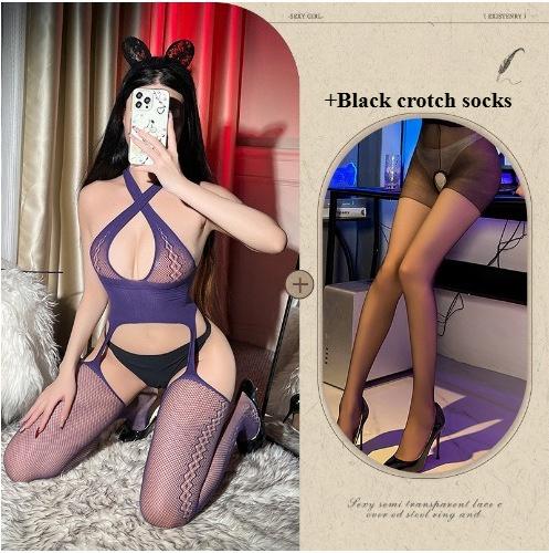Tearable Fishnet Bodysuit Crisscross Halter Neck Sheer Erotic Lingerie Open Crotch Stockings Innocent Sexy Sleepwear for Women