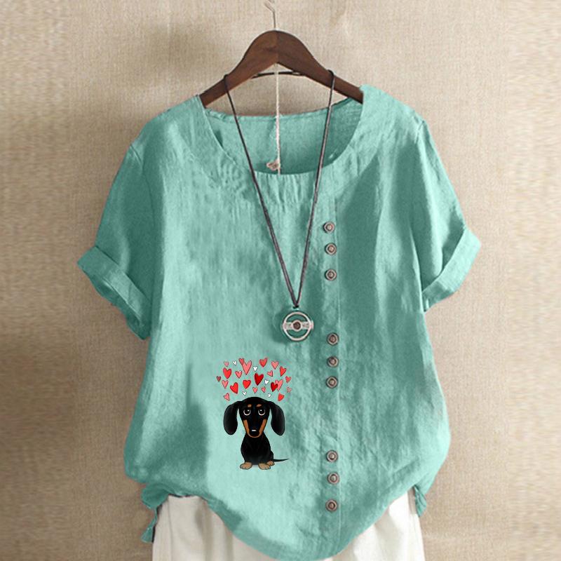 Women's Fashion Love Dog Prined Round Neck Short Sleeve T-shirt Casual Cotton Linen Graphic Shirt Leisure Loose Summer Blouse Tops