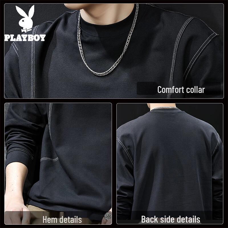 Playboy Men's Long-Sleeve Crew Neck Patchwork Casual T-Shirt
