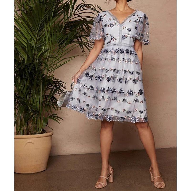 

Export Single Casual Holiday Flying Sleeves Mesh Exquisite Embroidered V-neck Girly Style Sweet Gas Field Swing Dress Accessible Luxury Gray M(10)