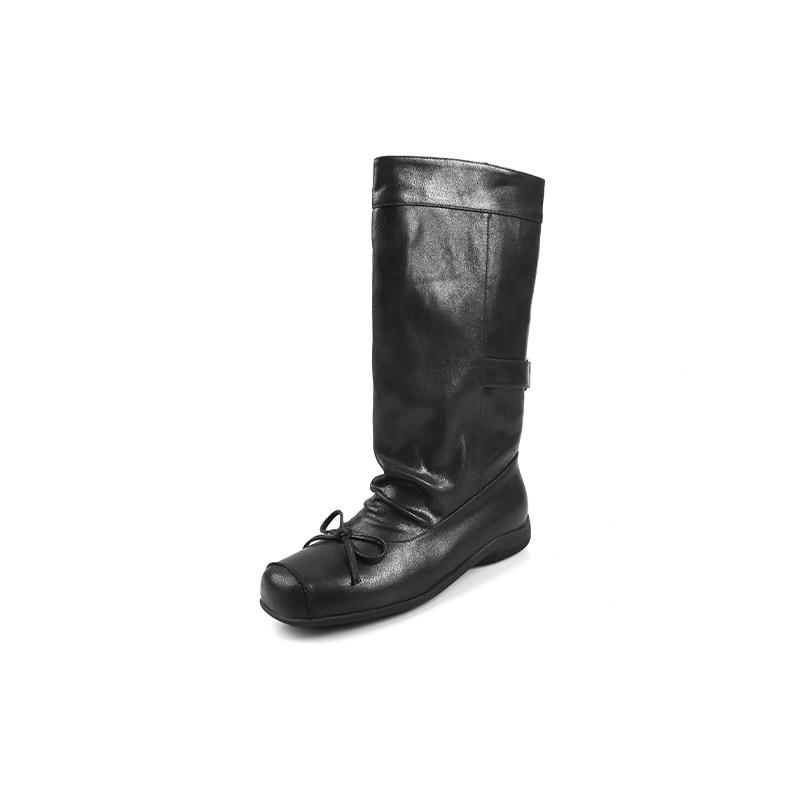 New square head bow pig nose mid boots 2025 autumn and winter new Spice Girl fashion versatile thick heel knight boots