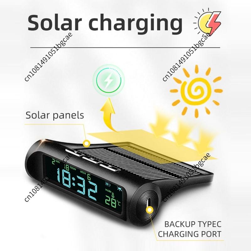 Solar Powered Car Digital Clock Thermometer Auto On Off Dashboard Time Date Temperature Monitor Long Standby for Vehicles