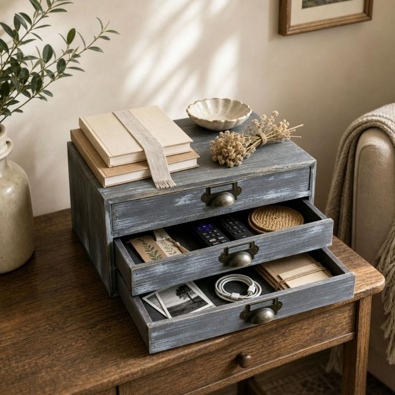 Three Compartment Wooden Desk Storage Cabinet, Tabletop Box with Metal Pulls for Mail, Jewelry, Office and Dresser Area