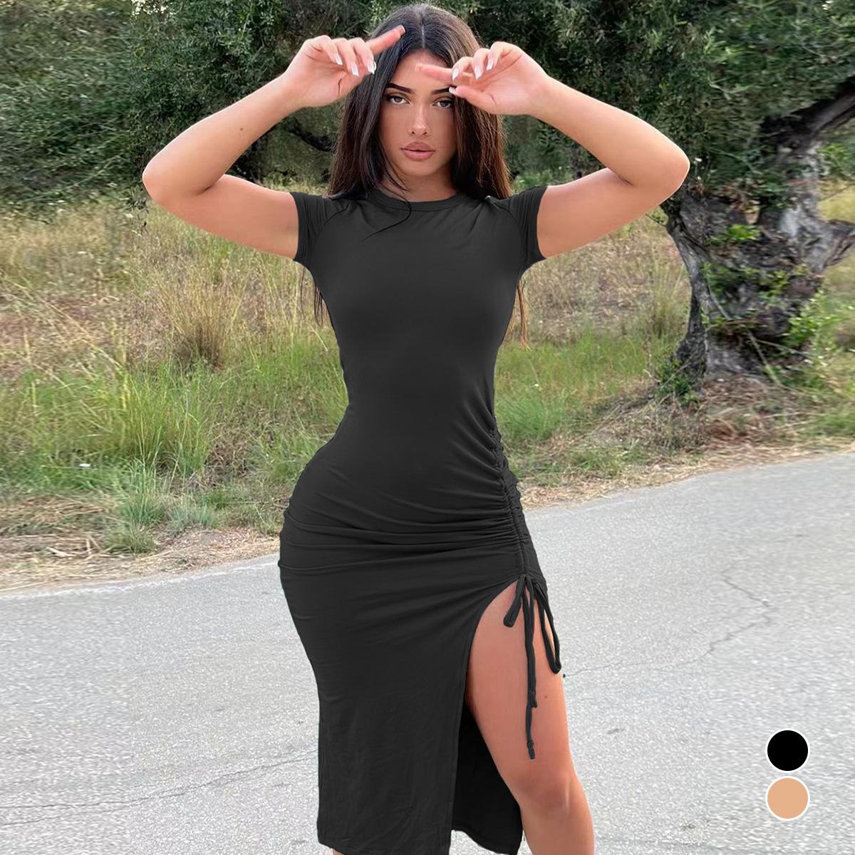 

Летнее платье 2024 года в европейском и американском стиле с короткими рукавами и круглым вырезом, с завязками по бокам и кулиской S хаки