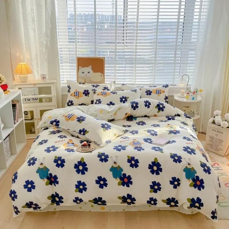 small fresh pure cotton abraded four-piece set, skin-friendly bed sheet washed cotton quilt cover, dormitory three-piece set