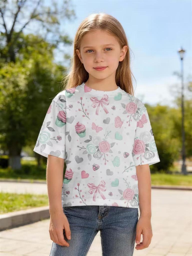 Girl Clothes Fashion Flower 3D Print Kids Short Sleeves T-Shirt Loose Casual Summer Tops Outdoor Comfortable Children's Clothing