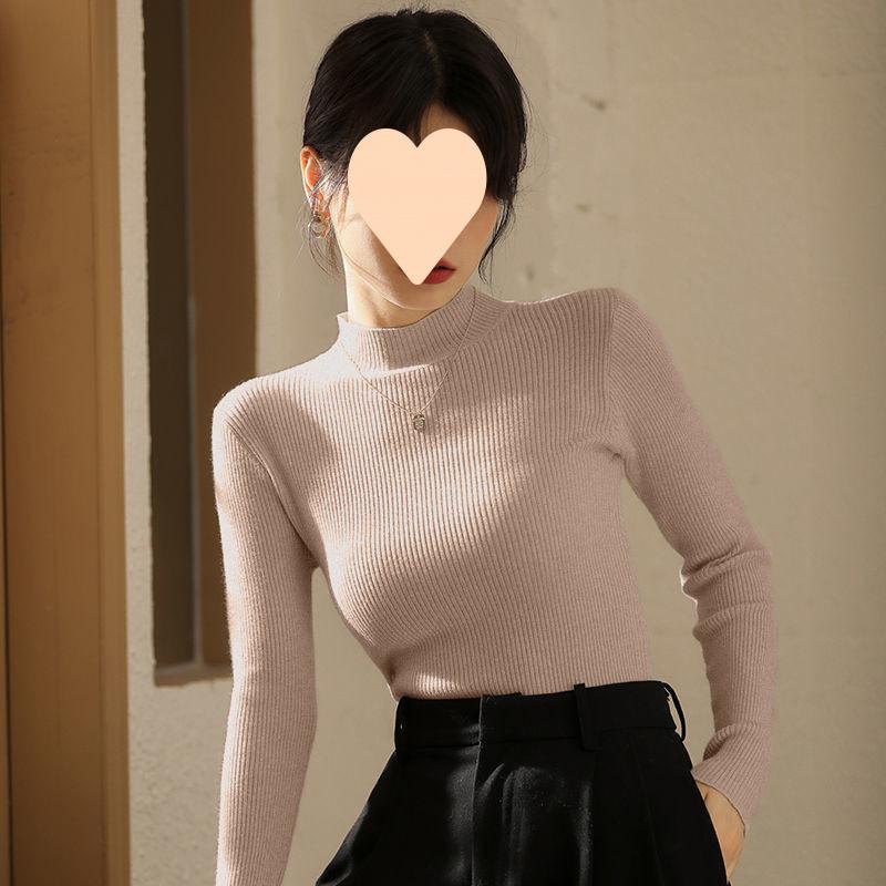Black Semi High Neck Sweater for Women Warm for Autumn and Winter with Knitted Base Layer and Top Slim Fit and Slimming Effect