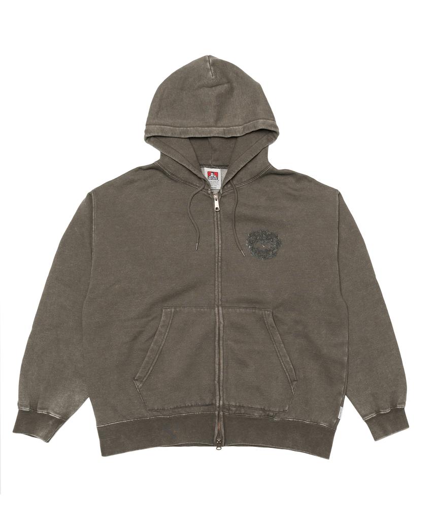 Ben Davis Bleach Washed Patch Zip-Up Hoodie Khaki