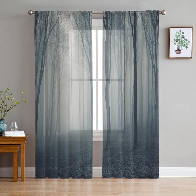 Simple Woods Green Trees Tulle Voile Curtains Bedroom Hotel Home Decor Sheer Curtains For Living Room Chiffon Printed Drapes