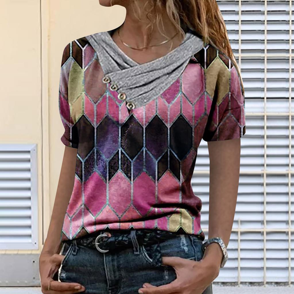 Women Tie-dye Printed Embroidery Collar Splicing Sleeve Pullover Blouse Tops