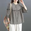 Camicia Primavera ed Estate Donna Manica a Tre Quarti Larga Casual a Quadri Collo Alto Top