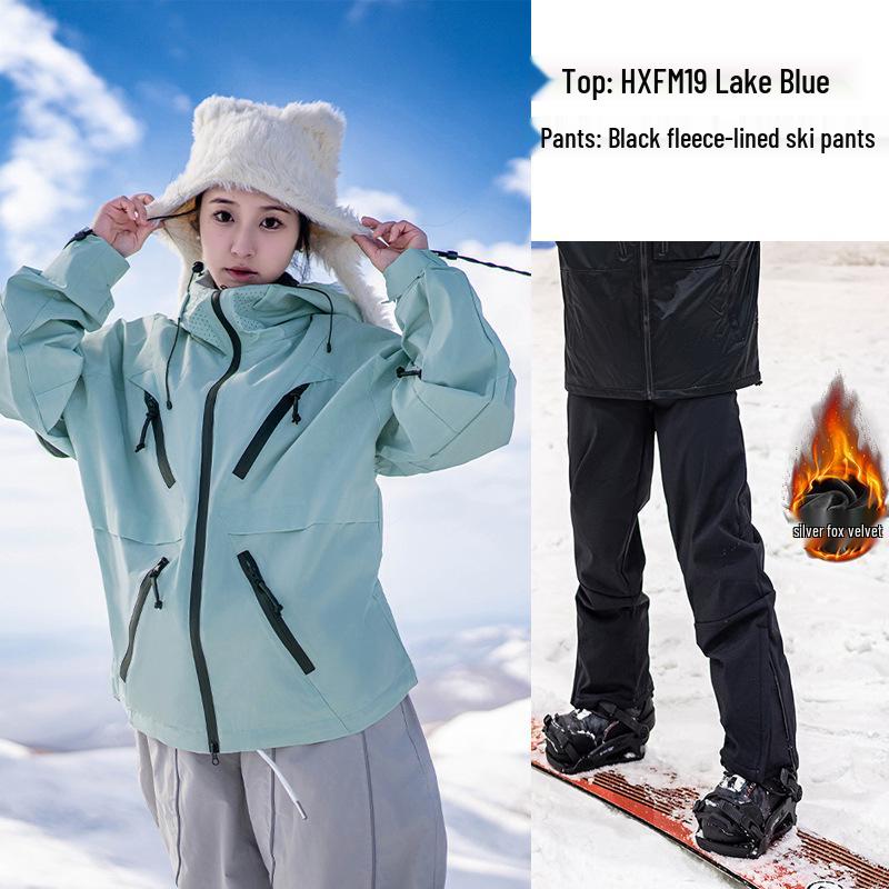 Ski Resort's Trendy Waterproof & Windproof Ski Suit Set for Men & Women, Fleece-Lined, Thickened, Plus Size, Warm