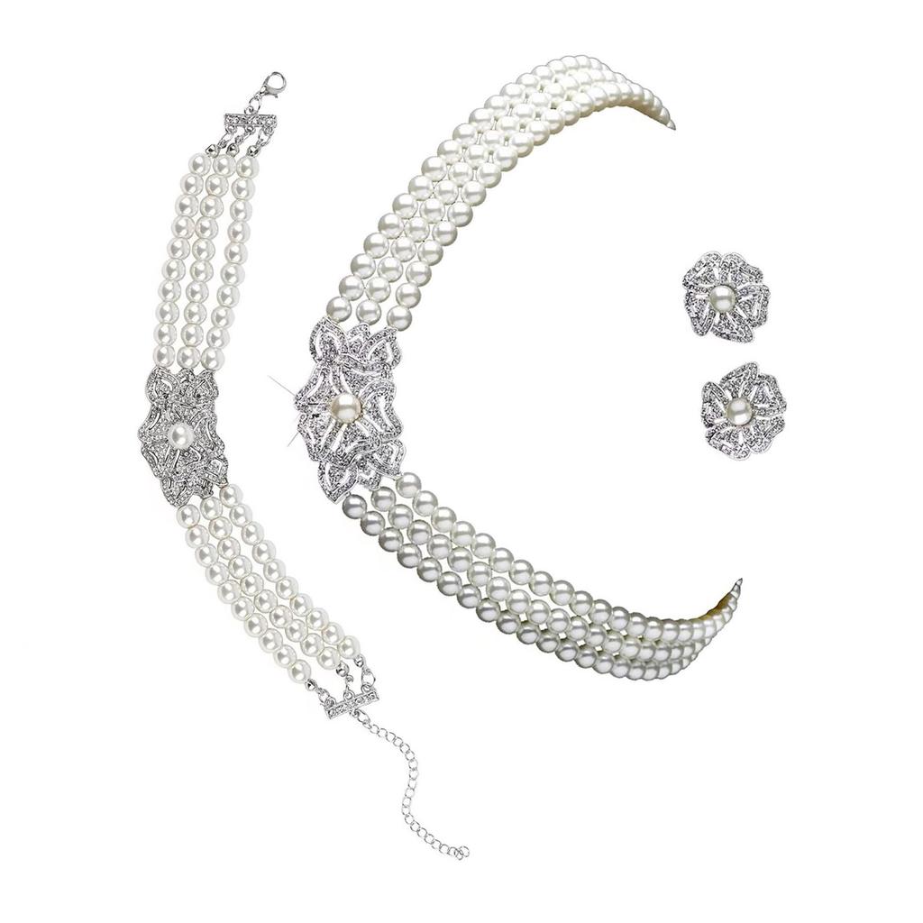 Victorian Style Necklace Earrings Bracelet Set Featuring Simulated Pearls and Cubic Zirconia for Elegant Occasions
