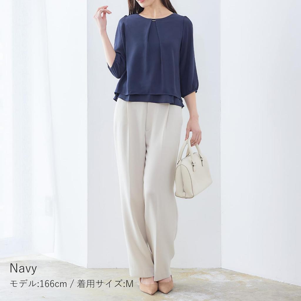 RIRIYĀNO Damen Chiffon Bluse/Hemd, 3/4 Ärmel, Anzug-Innenfutter, Knitterarm, Schnelltrocknend, für Pendler und Bürogebrauch (Größe L, Marineblau)