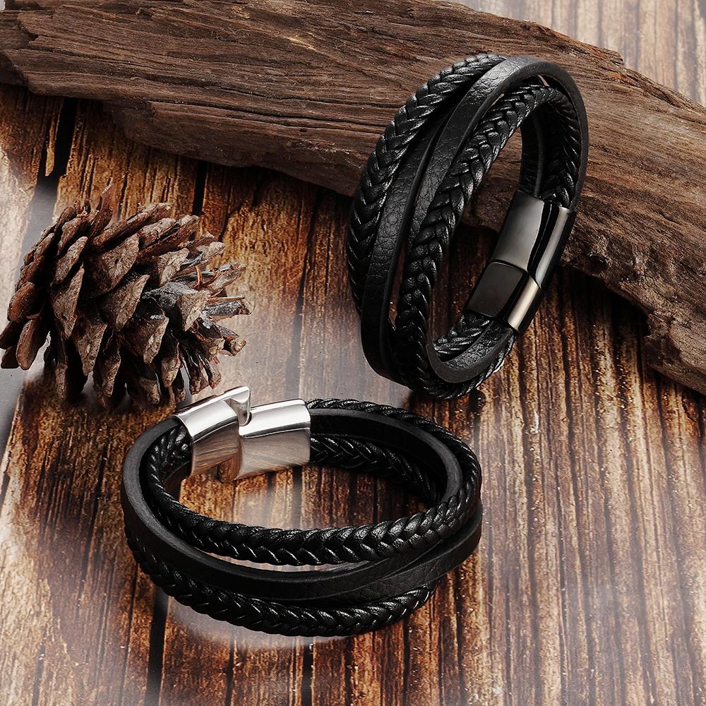 Bracciali alla moda in vera pelle da uomo Bracciali in corda intrecciata multistrato in acciaio inossidabile per gioielli da uomo e donna