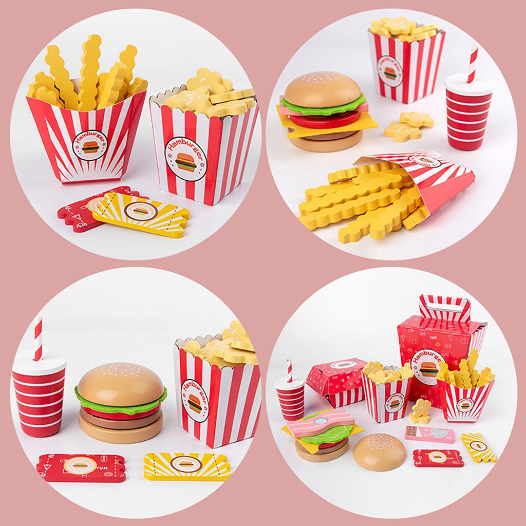 Children's Wooden Hamburger and French Fries Family Bucket Set, Combined with Simulated Kitchen, Family Food Gift Toys