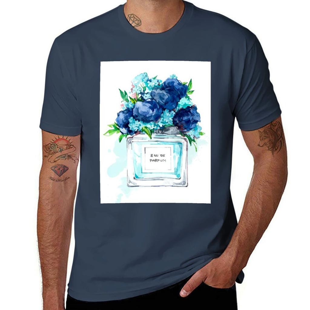 Perfume Bottle Watercolor Painting Hand Painted With Blue Flowers Tshirt T Shirts Designer Tshirt