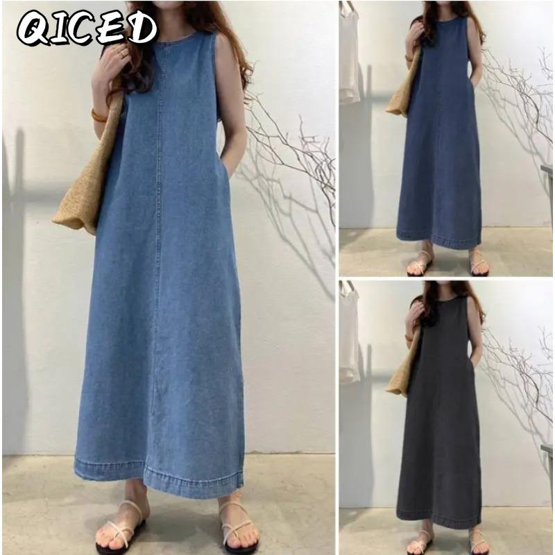 QICED Fashion Summer Spring Solid Color Print Sleeveless O-Neck Casual Dresses