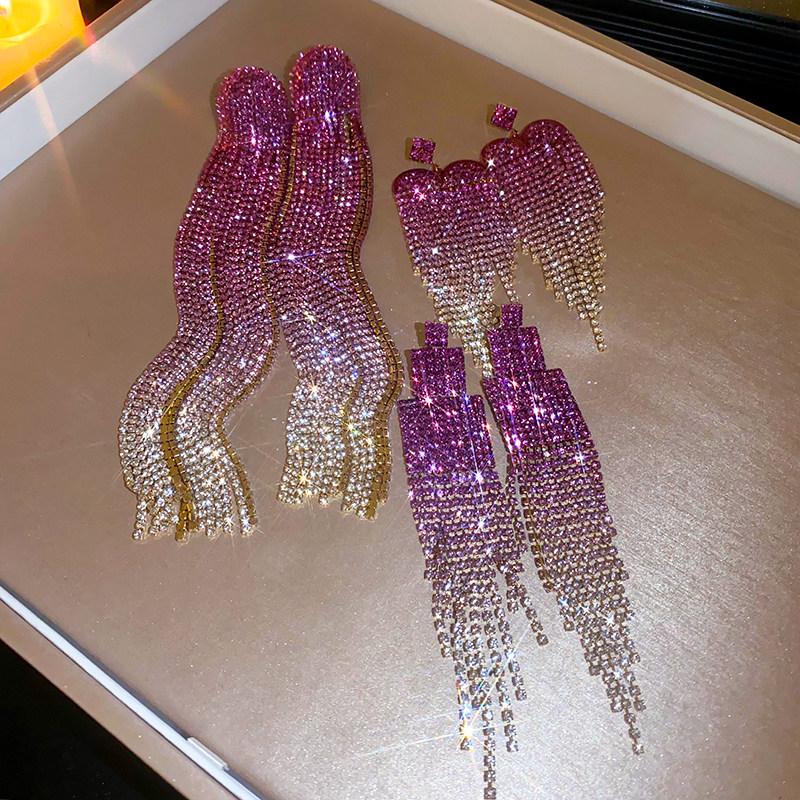 Glamorous Rhinestone Tassel Earrings - Geometric Design, Light Luxury, High-End Style for Women