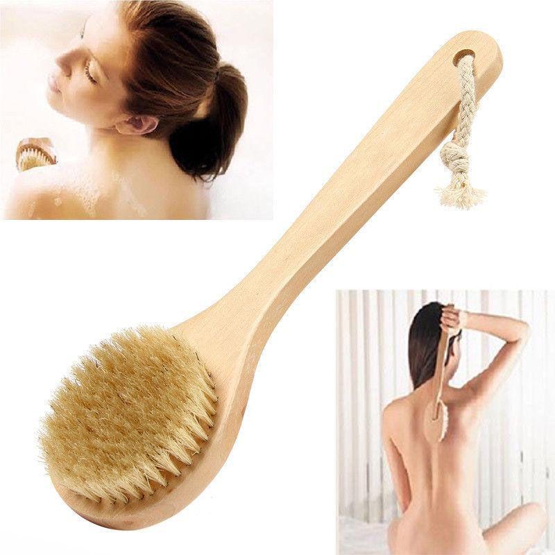 Natural Wooden 10" Bristle Body Bath Brush Massager Shower Back Scrubber Spa