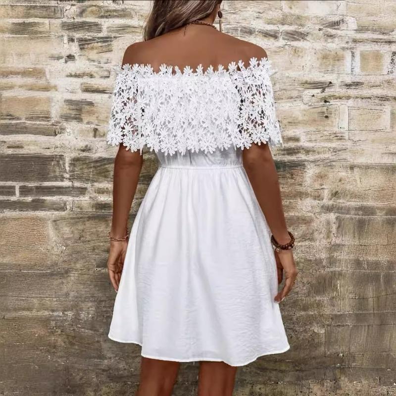 Vestido de verão feminino solúvel em água com renda e patchwork de uma linha e ombro de fora