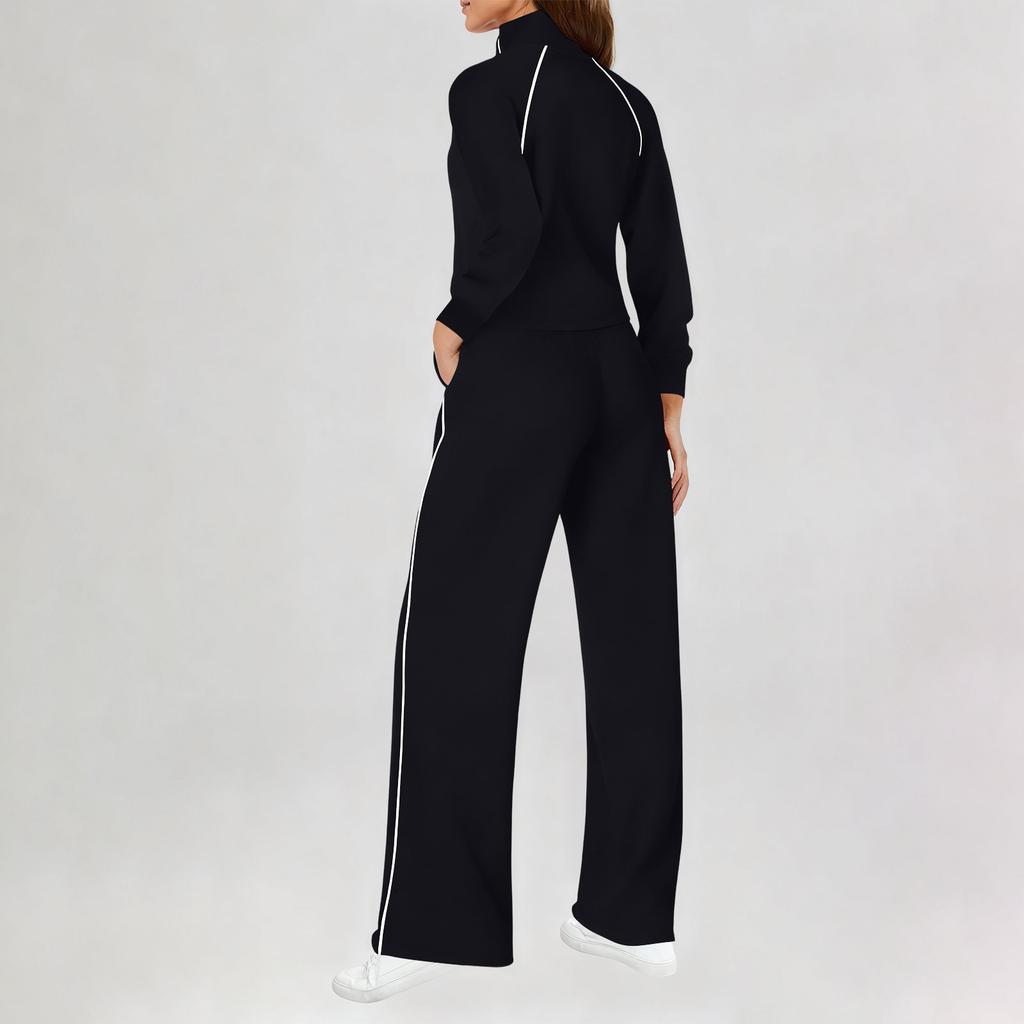 Women's Fashionable Casual Long-Sleeved -Color Sweatshirt And Wide-Leg Pants Two-Piece Set