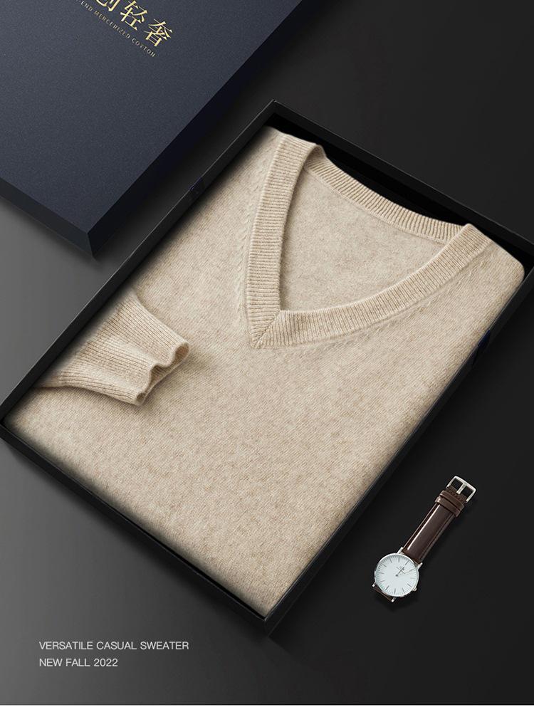Men's V-Neck Cashmere Sweater: Loose Fit, Solid Color, Business Casual Pullover for Autumn and Winter