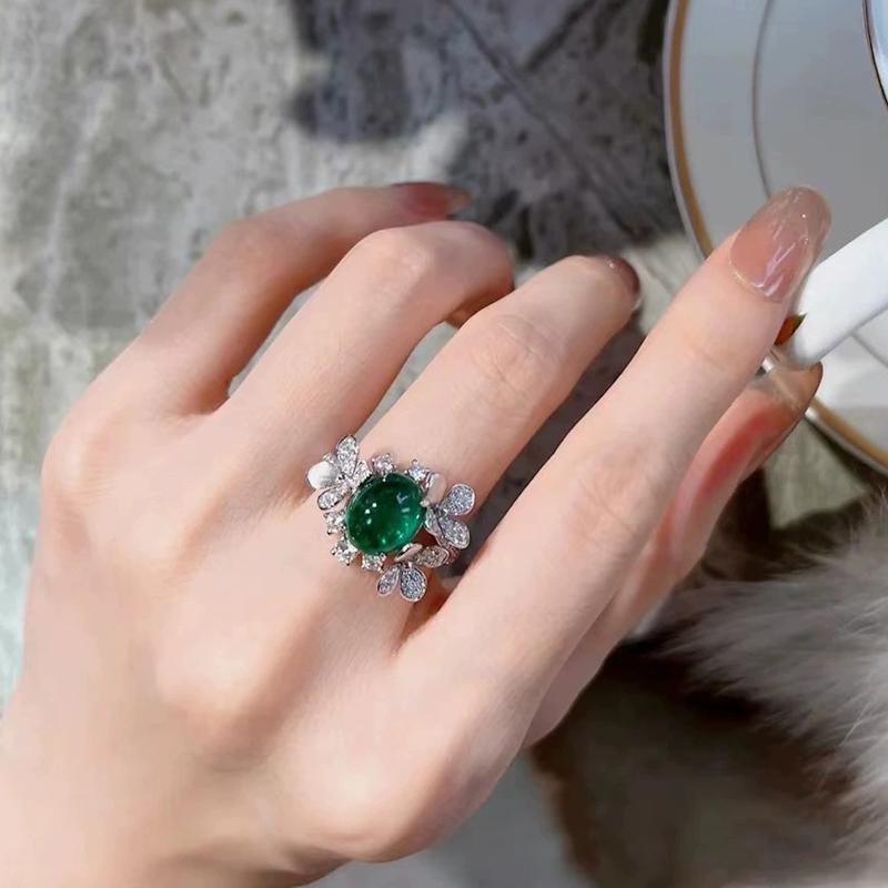 Luxury Oval Green Zircon Ring Vintage Emerald Inlaid Sterling Silver Flower Rings for Women Temperament Wedding